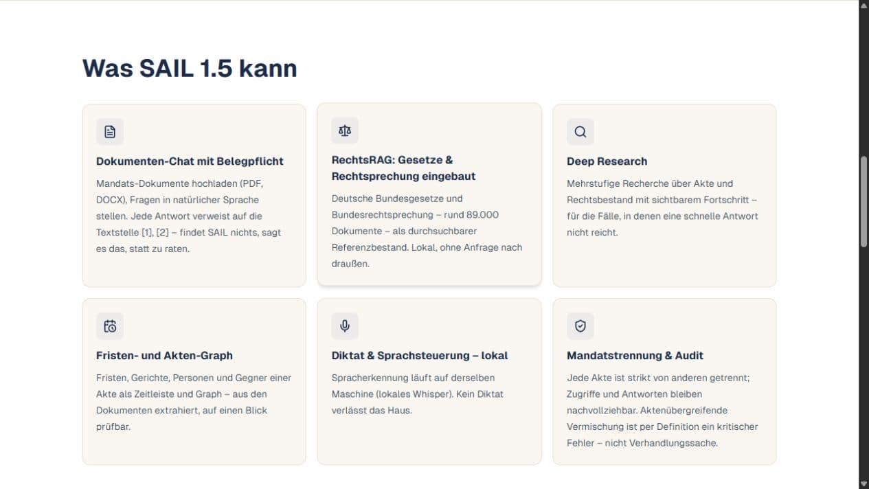 SAIL-Produktübersicht mit Dokumenten-Chat, Quellenverweisen und Mandatstrennung