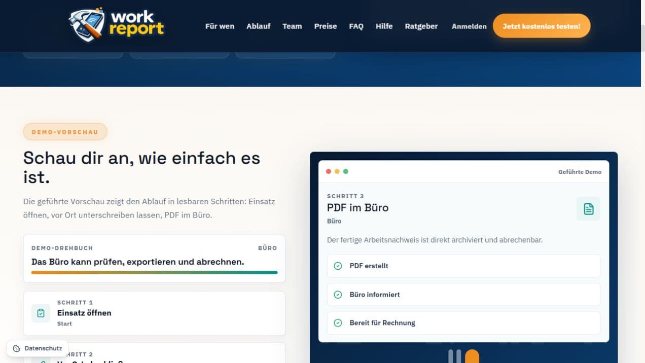Workreport-Demo: unterschriebener Arbeitsnachweis als PDF für das Büro