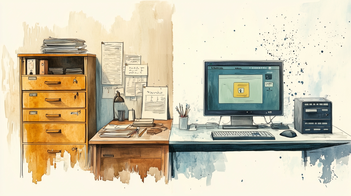 Eine geteilte Szenenillustration, die den Kontrast zwischen analogem Durcheinander und digitaler Klarheit zeigt