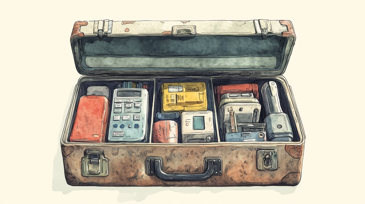 Eine künstlerische Illustration einer offenen Toolbox, aus der minimalistische digitale Symbole herausfallen