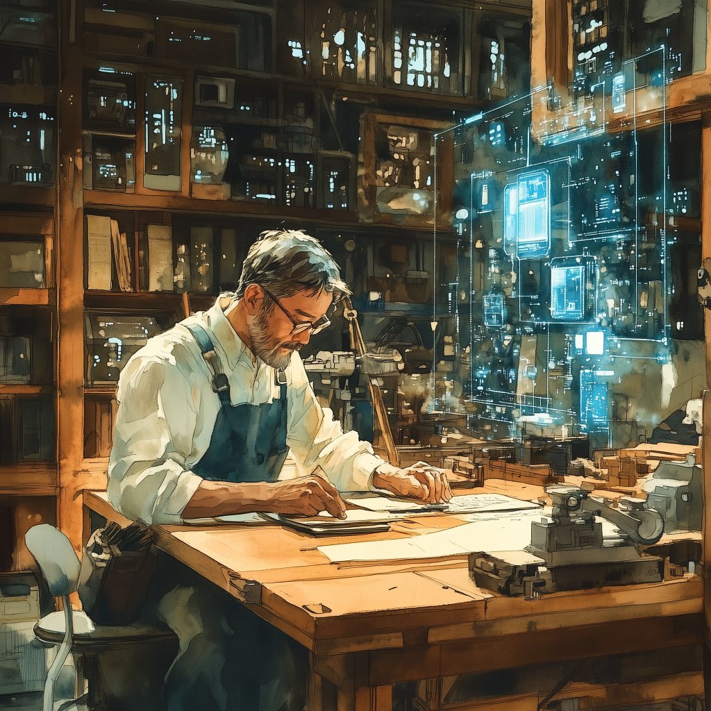 Eine handwerkliche Werkstatt, in der moderne KI-Technologie subtil integriert ist