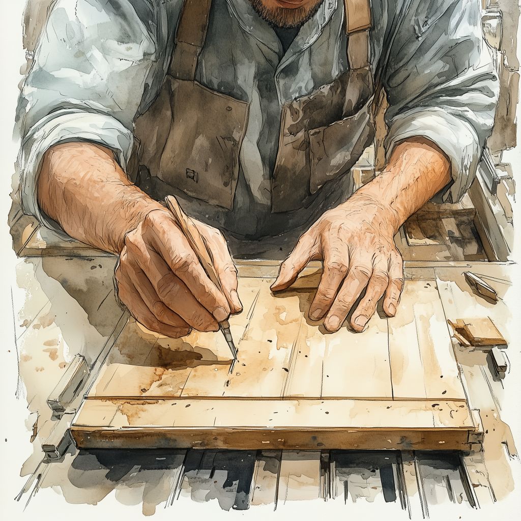 Handwerkerhände, die von einer KI unterstützt werden, die automatisch perfekte Schnitte im Holz erzeugt