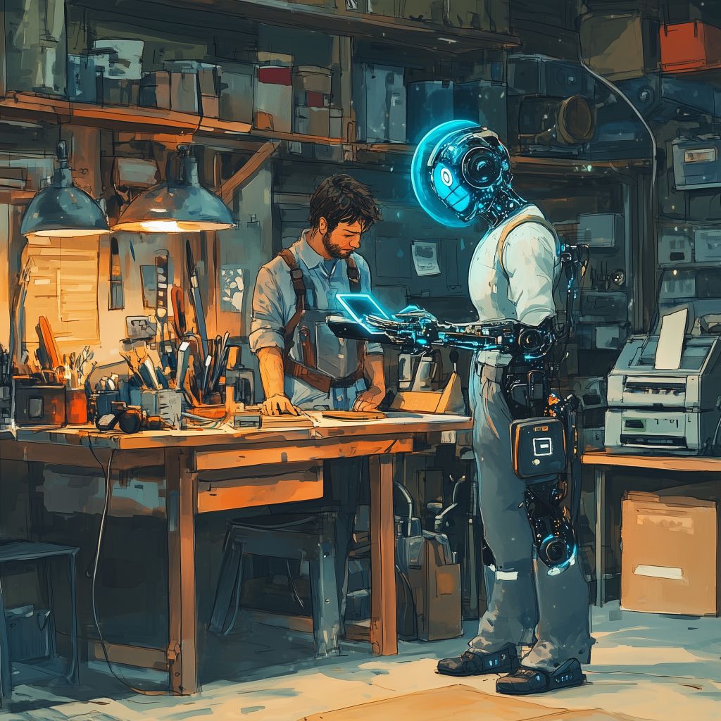 Ein Handwerker, der mit digitalen Werkzeugen und KI-Assistenten interagiert, im Stil des New Yorker Magazins