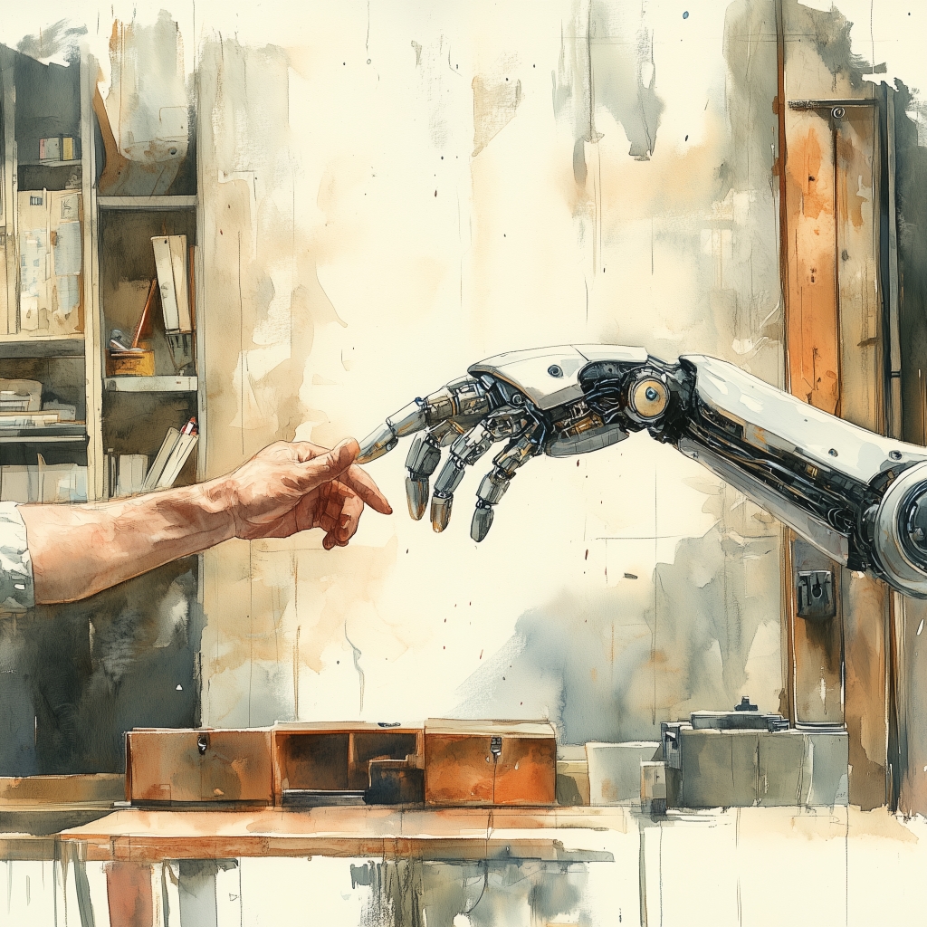 Eine minimalistische New Yorker-Stil Illustration, die Tradition und digitale Innovation im Handwerk symbolisiert