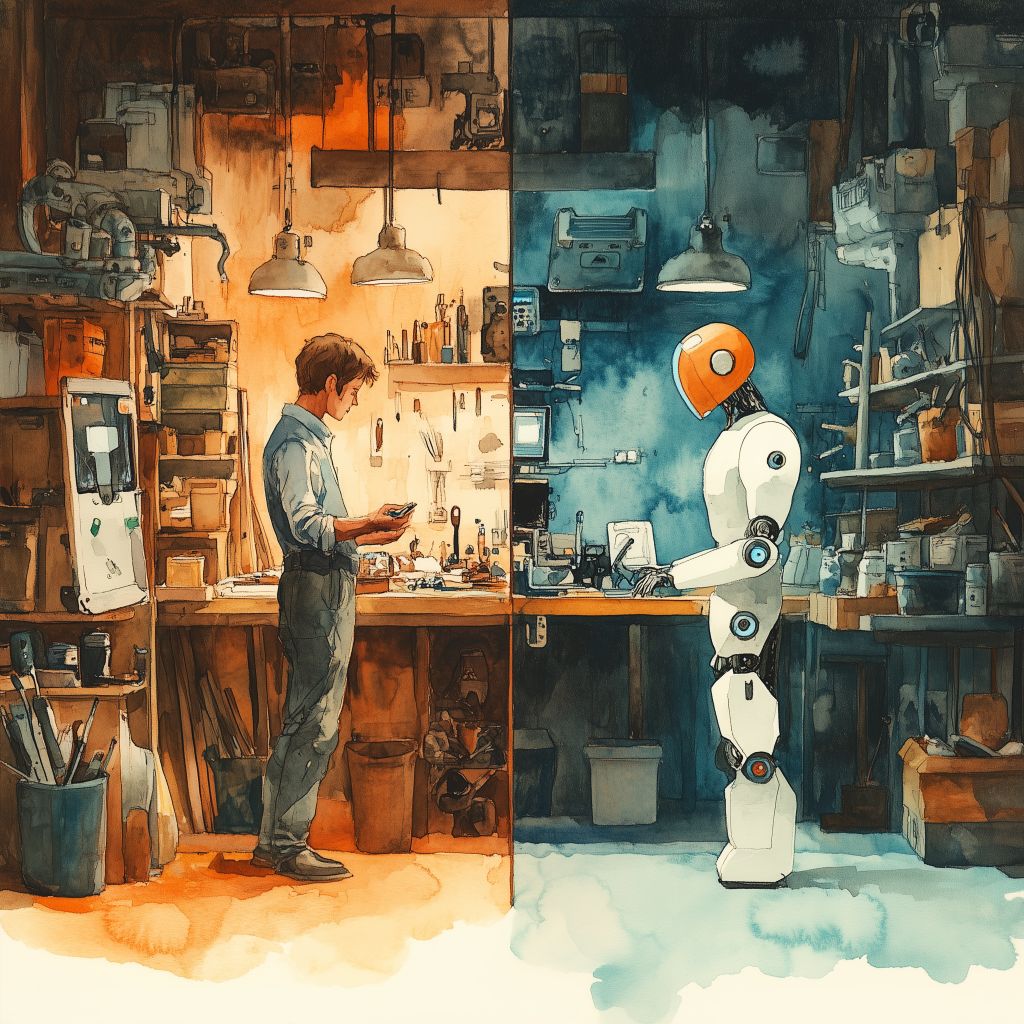 Eine geteilte Szene, die einen Handwerker mit Werkzeug neben einem digitalen KI-Assistenten zeigt