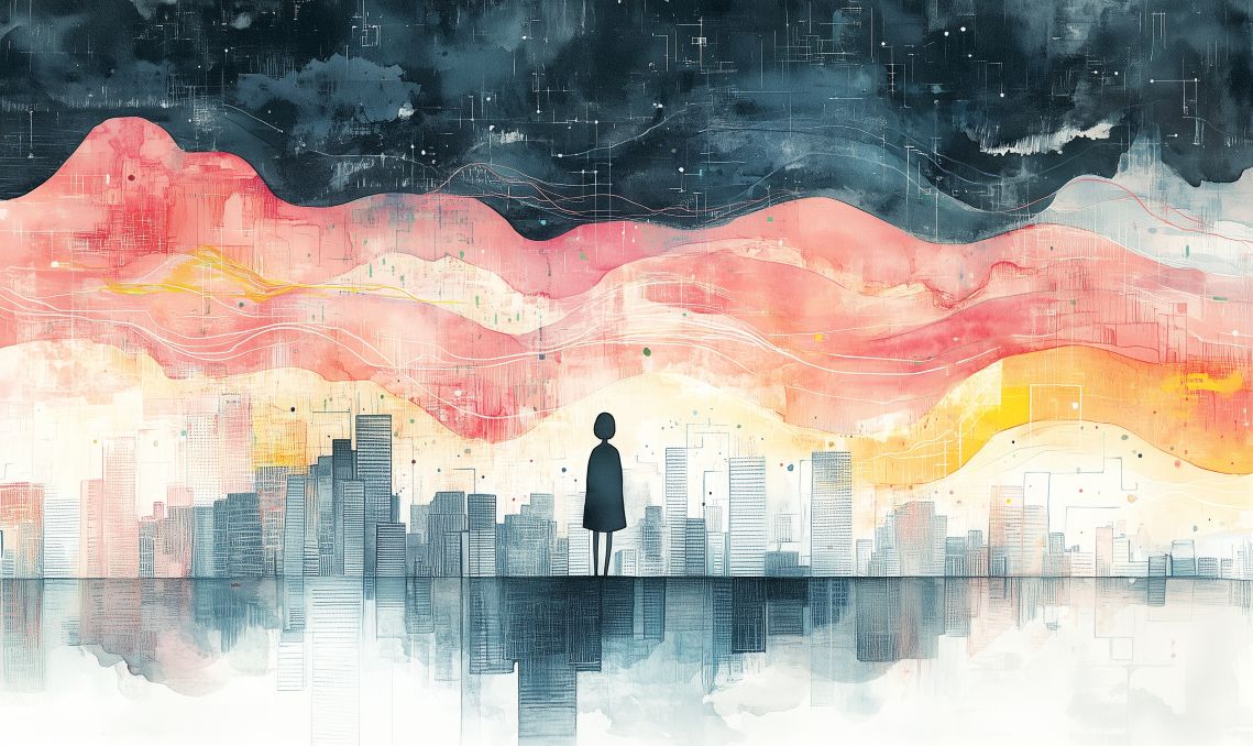 Abstrakte Illustration: Eine Person betrachtet eine Stadtlandschaft mit sanften Datenströmen und Technologiesymbolen