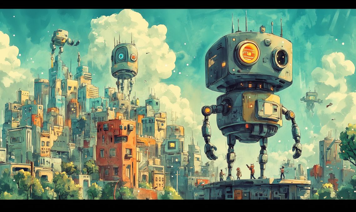 Aquarellillustration im New Yorker Stil: Menschen interagieren mit wirbelnden KI-bezogenen Symbolen wie DNA-Strängen und Chatblasen