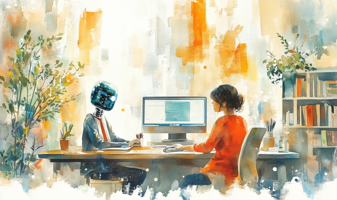 Verschattete menschliche und robotische Silhouette stehen Rücken an Rücken, umgeben von abstrakten Formen, die Spannung und Sorge widerspiegeln