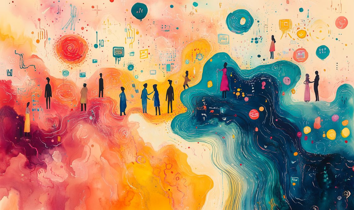 Heller, einladender Arbeitsbereich, in dem ein menschlicher Fachmann und eine stilisierte KI-Form zusammenarbeiten