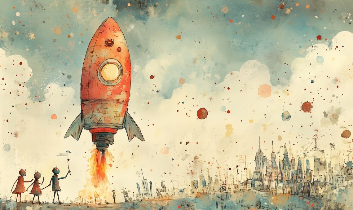 Menschen und eine vereinfachte KI-Figur treiben gemeinsam eine symbolische Form nach oben, in optimistischer und zukunftsorientierter Stimmung