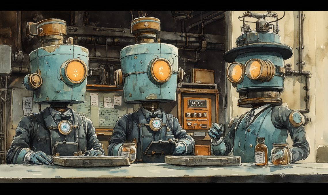 Retro-futuristic factory where robots analyze data streams from machinery in New Yorker watercolor style