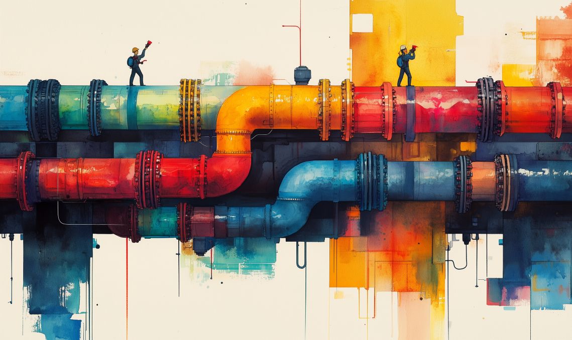 Abstract watercolor visualization of energy flowing through a grid of colorful pipelines with technicians redirecting flows