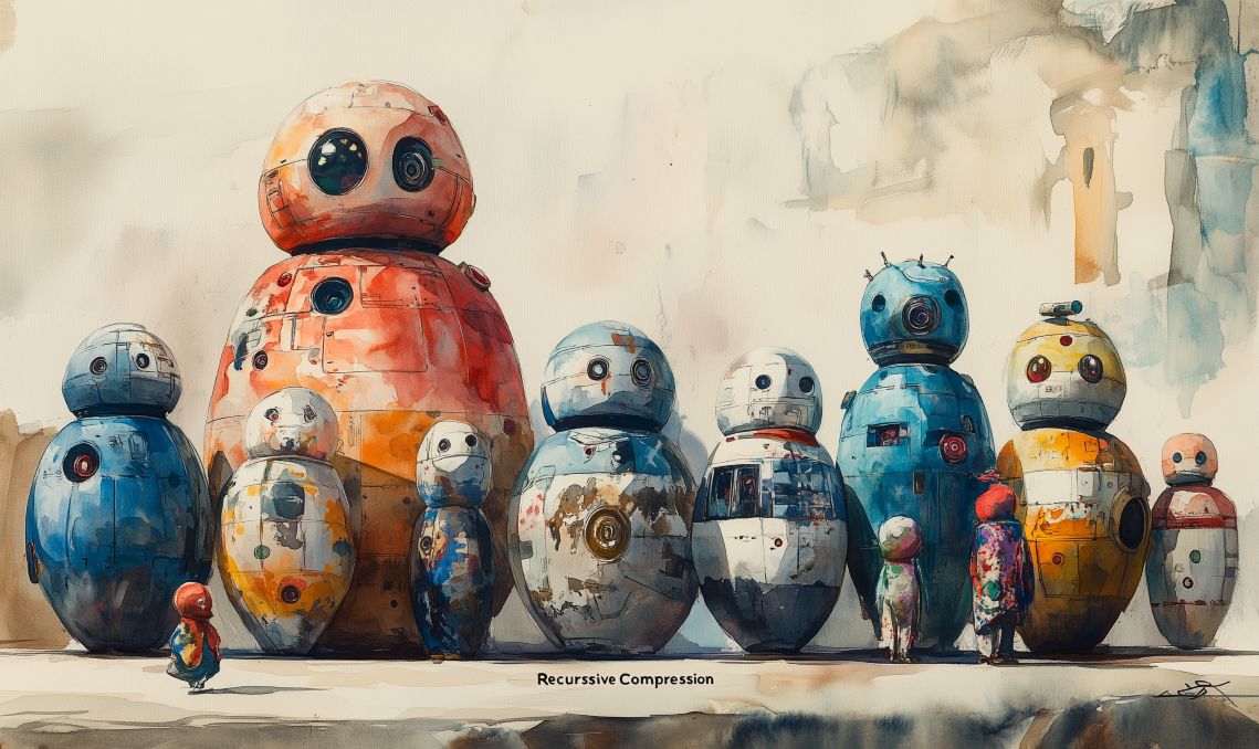 Abstract watercolor visualization of Recursive Compression shown as nested Russian dolls of code slowly shrinking