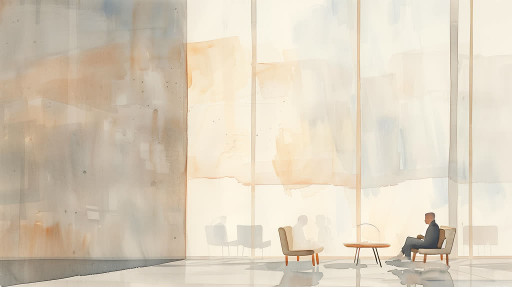 Modernes Büro mit Menschen und KI-Interfaces, die zusammenarbeiten - symbolisiert hybride Teams der Zukunft