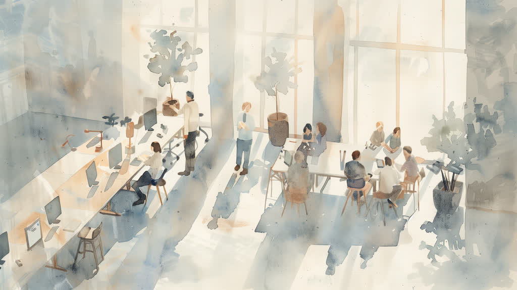 Diverse Gruppe von Menschen arbeitet gemeinsam an einem Projekt mit KI-Unterstützung - moderne, helle Arbeitsatmosphäre