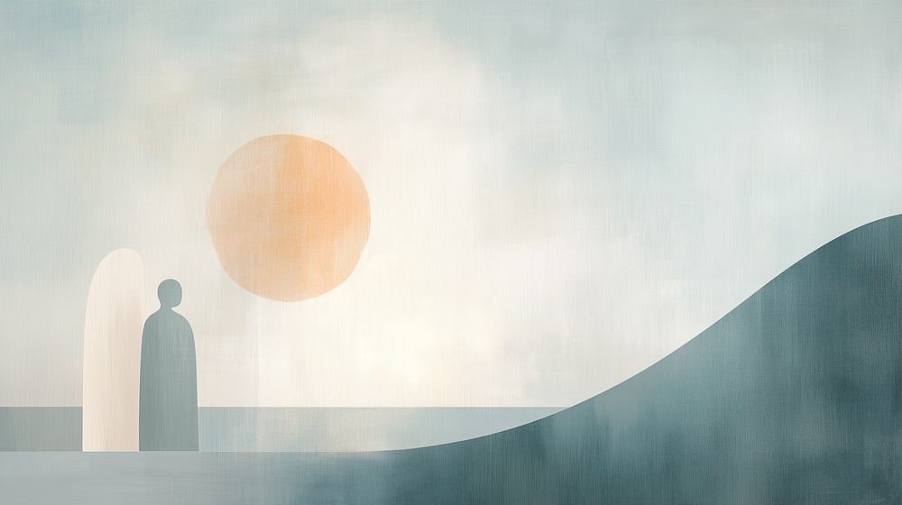 Futuristische Darstellung der Mensch-KI-Interaktion: Geometrische Formen, die Dialog symbolisieren, in dynamischer Komposition mit warmen und kühlen Farbtönen