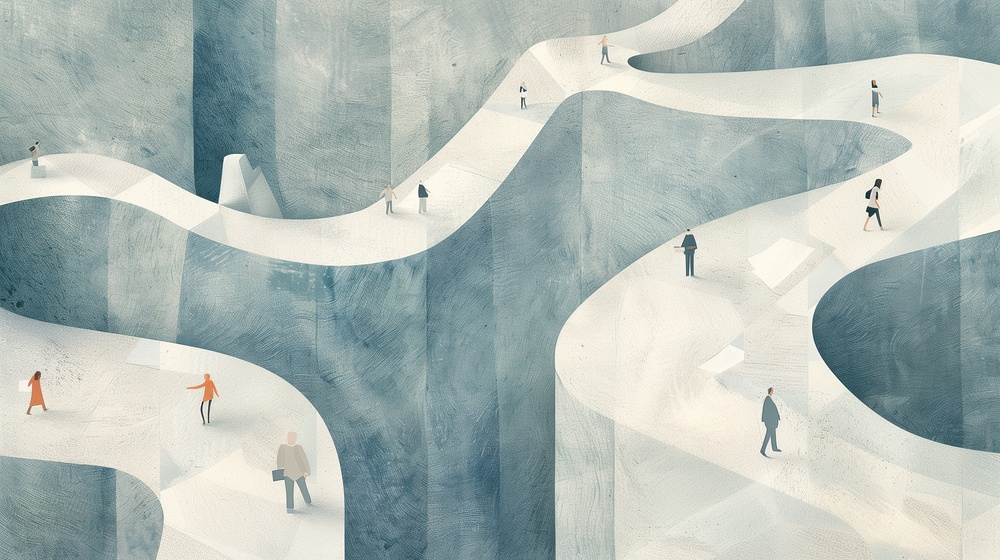 Symbolische Darstellung eines Labyrinths aus EU-Regulierungen mit verschiedenen Flaggen und Gesetzesbüchern