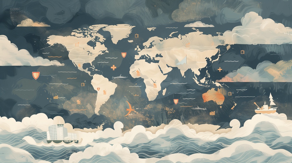 Weltkarte mit Risikosymbolen über USA und China, während Europa als stabiler Anker dargestellt wird