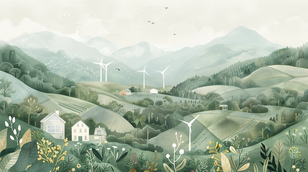Grüne Technologie-Symbole vor europäischer Landschaft mit Windrädern und Solarpanels