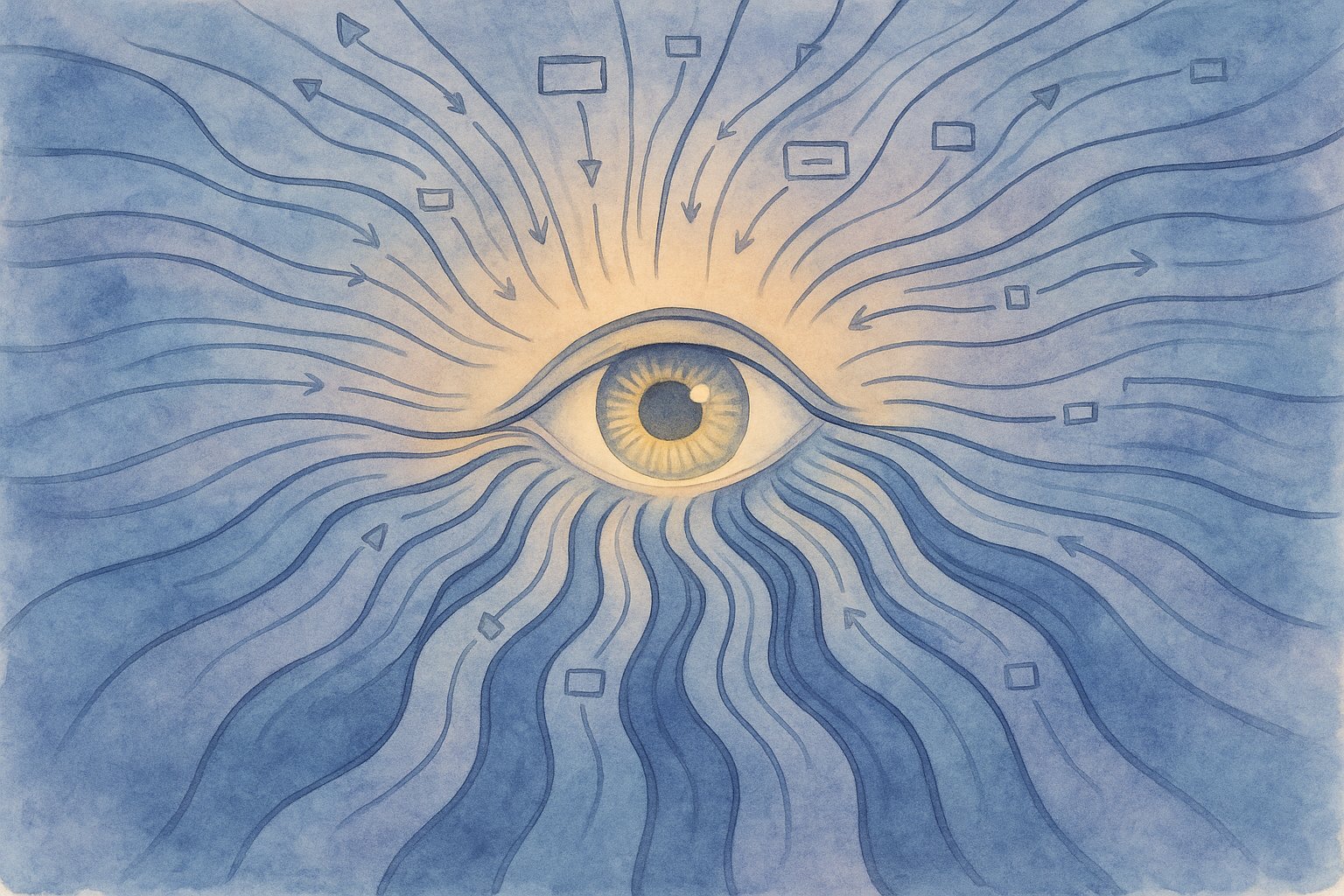 Überflutete Informationsströme konvergieren auf einen einzelnen Fokuspunkt – symbolisiert die Aufmerksamkeit als knappe Ressource der digitalen Ära