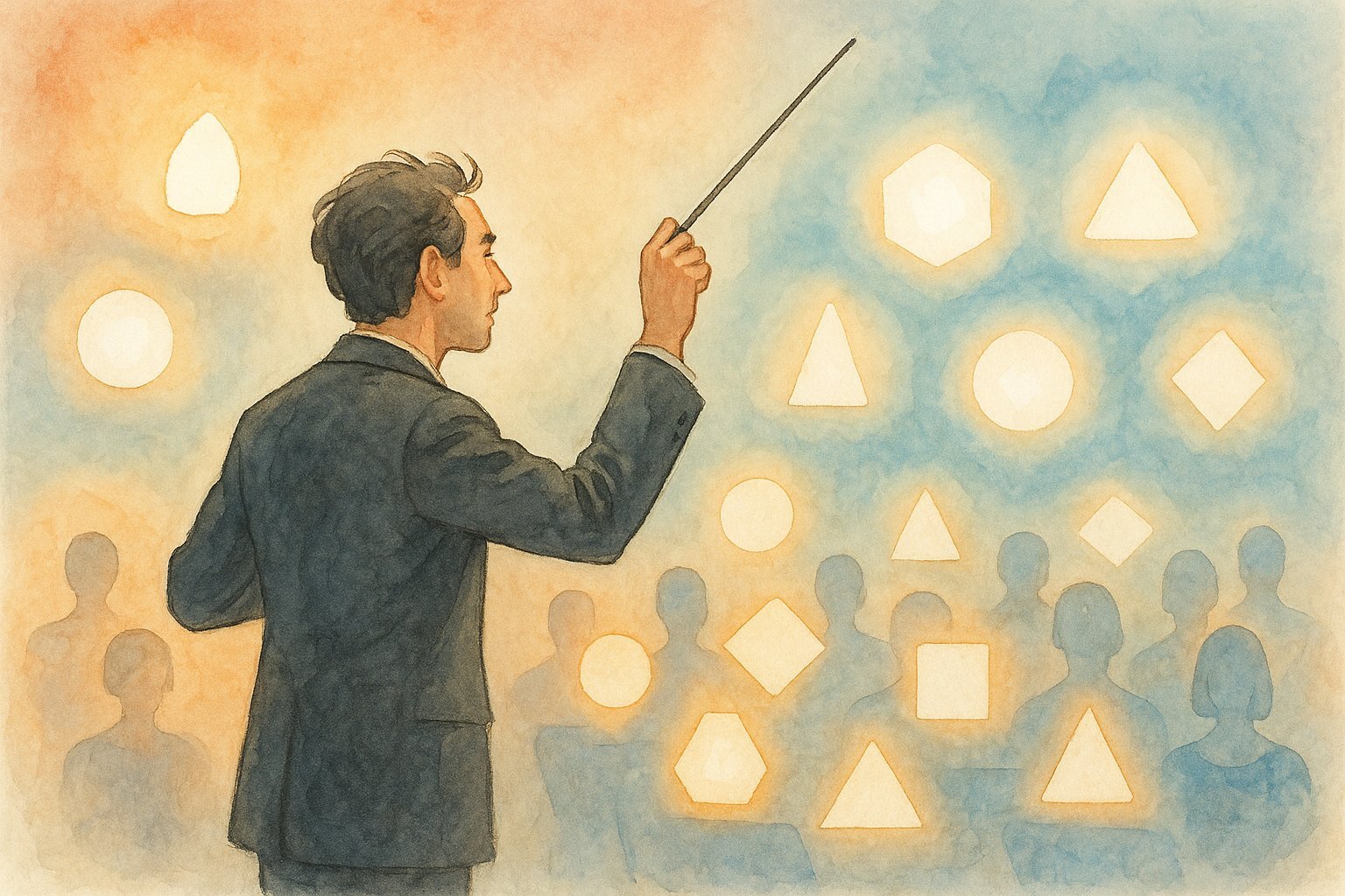 Ein Dirigent vor einem Orchester aus leuchtenden KI-Agenten – symbolisiert den Menschen als Quelle der Richtung und Begeisterung