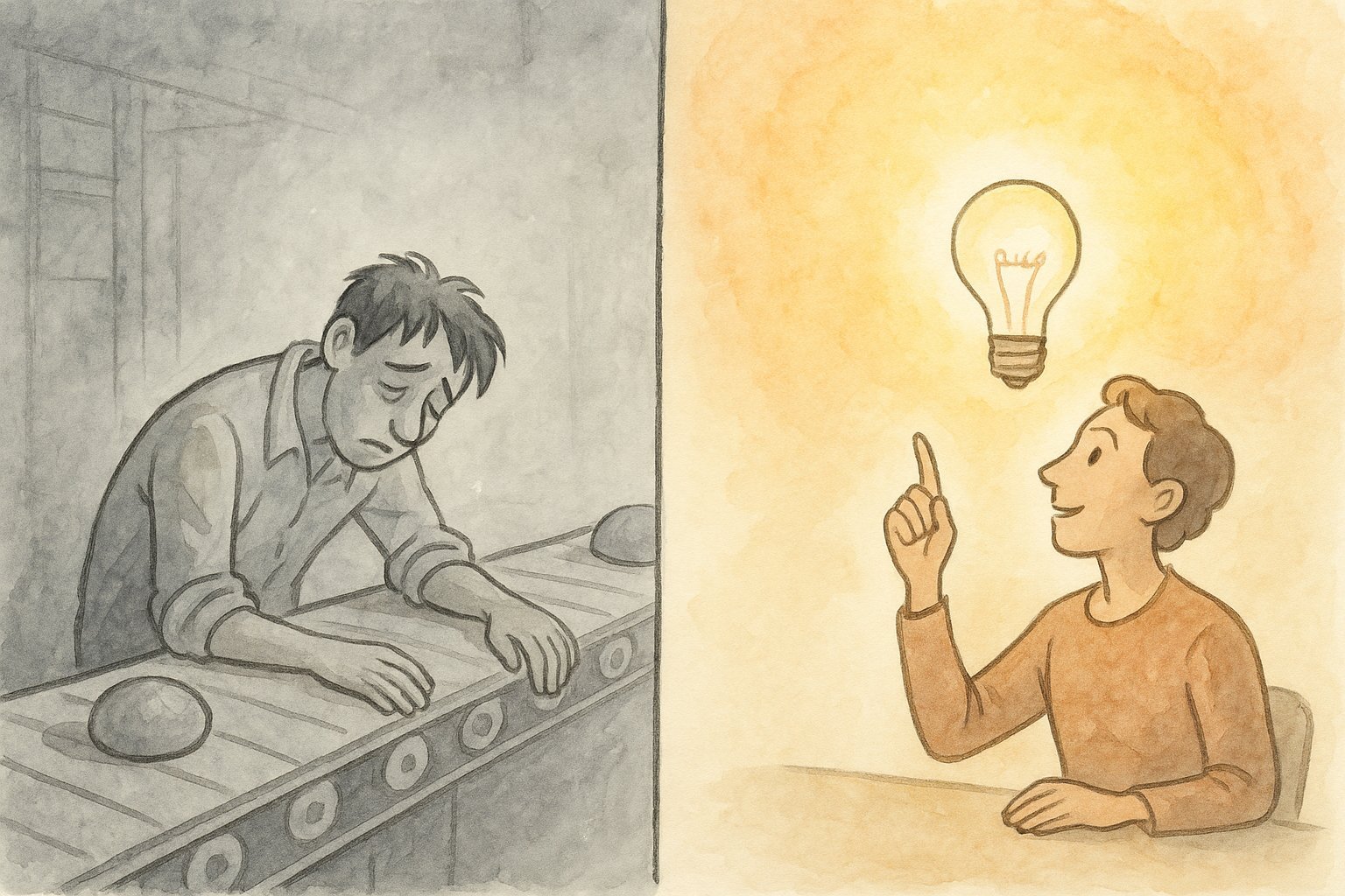 Dialektisches Bild: Auf der einen Seite ein erschöpfter Arbeiter am Fließband, auf der anderen ein inspirierter Mensch vor einer leuchtenden Idee – der Wandel der Arbeit