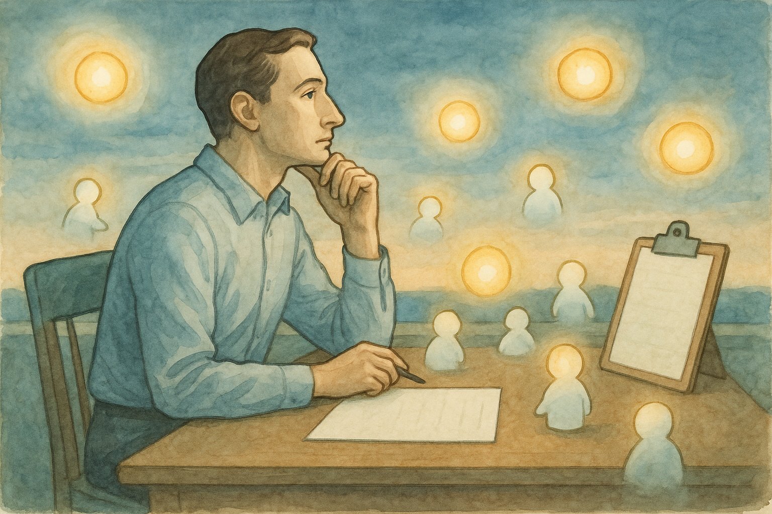 Wissensarbeiter umgeben von leuchtenden KI-Agenten, die Aufgaben lösen – symbolisiert die Verschiebung von Arbeit zu Begeisterung als knappe Ressource