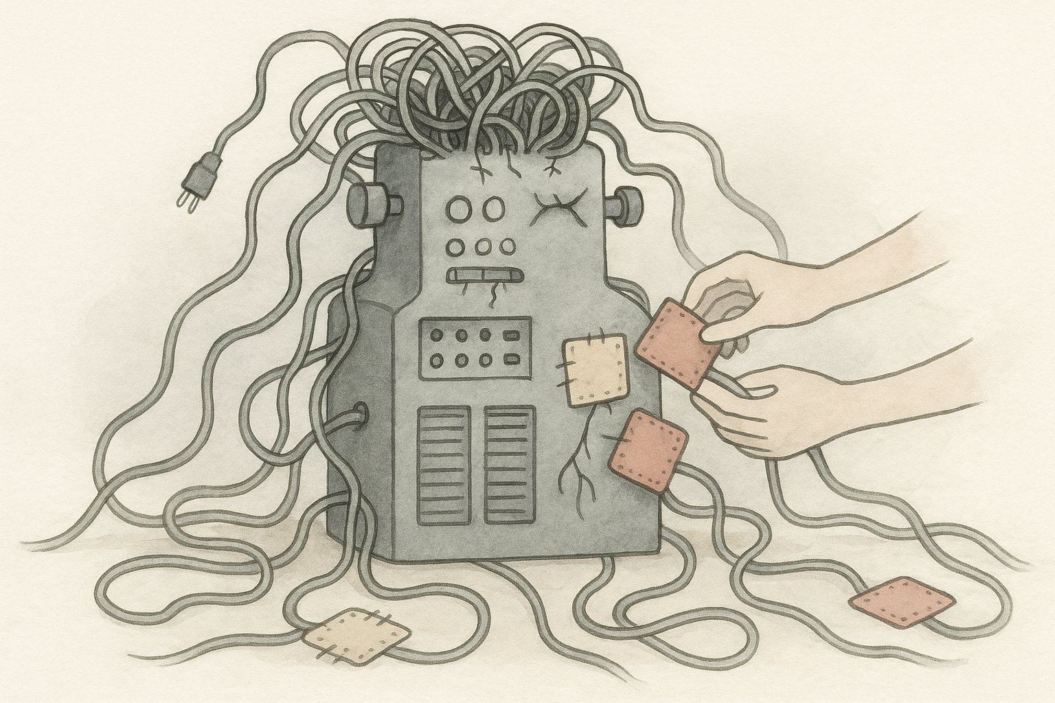 Altes Schaltpult mit verschlungenen Kabeln symbolisiert die Komplexität von Legacy-Systemen und den schwierigen KI-Umbau