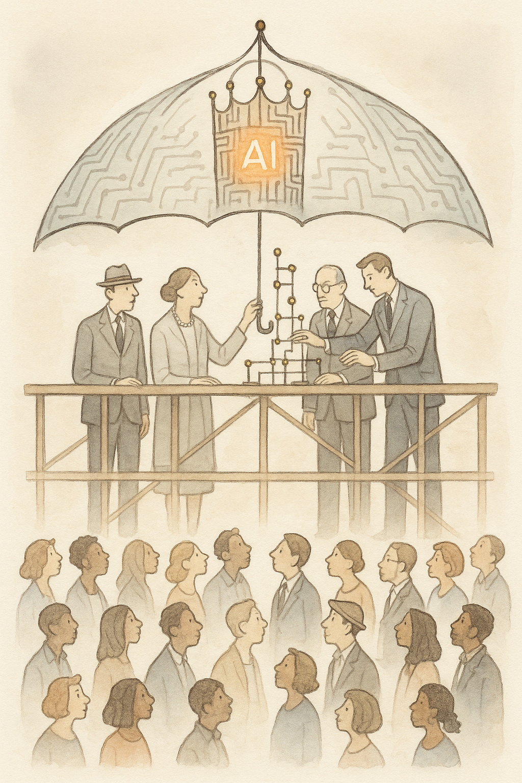 Mittelständisches Team arbeitet mit modularen KI-Werkzeugen und symbolisiert strategische Unabhängigkeit