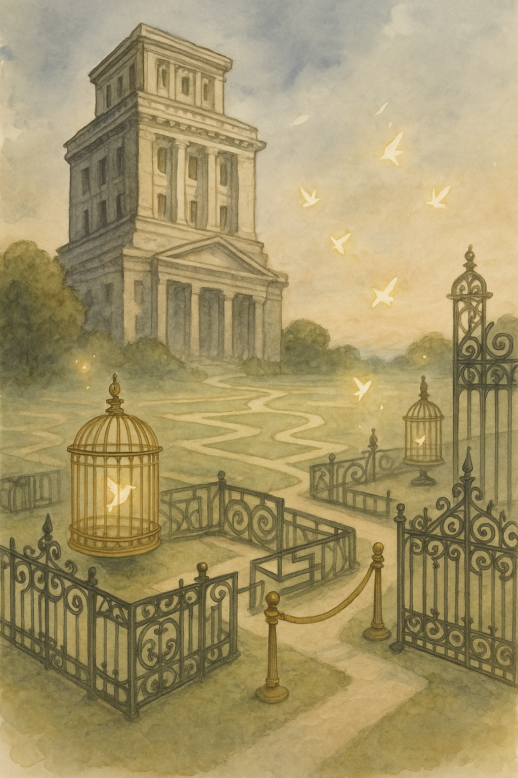 Aquarellszene symbolisiert den Konflikt zwischen Mythos, Macht und dem Ende offener Intelligenz in der KI-Debatte.