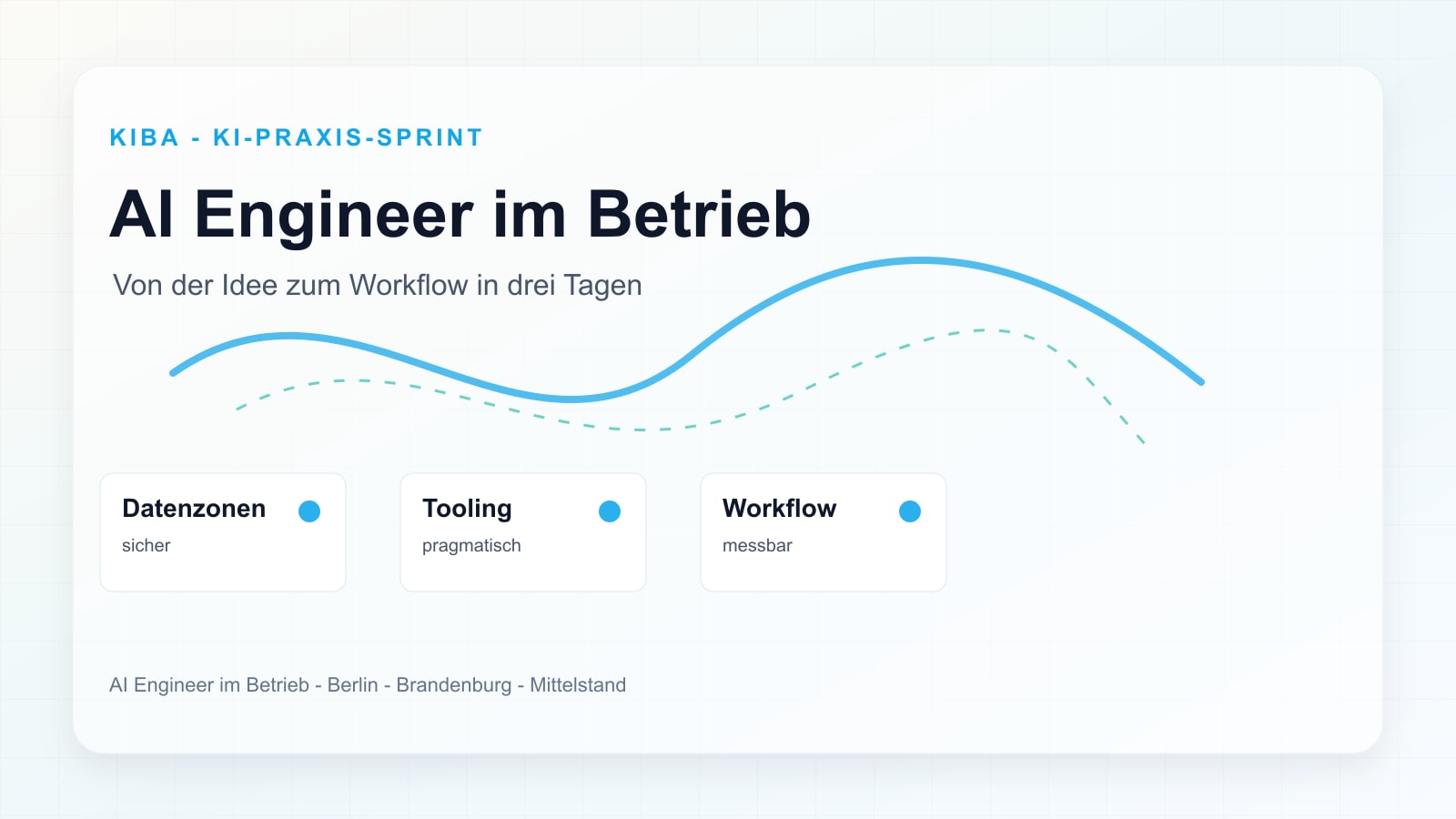 Editoriale Illustration zum KI-Praxis-Sprint mit AI Engineer im Betrieb, Datenzonen, Tooling und Workflow